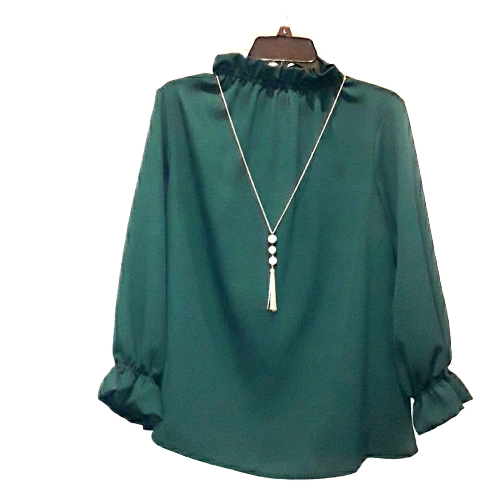 Hunter Green Ruffle neck and cuff top